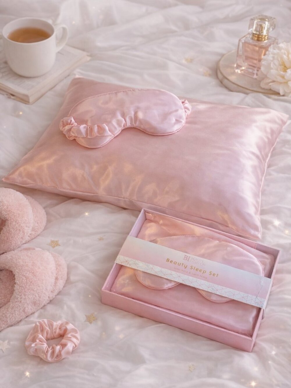 Pink Satin Pillowcase Eye Mask Set Beauty Sleep SoftLife Self Care Gift